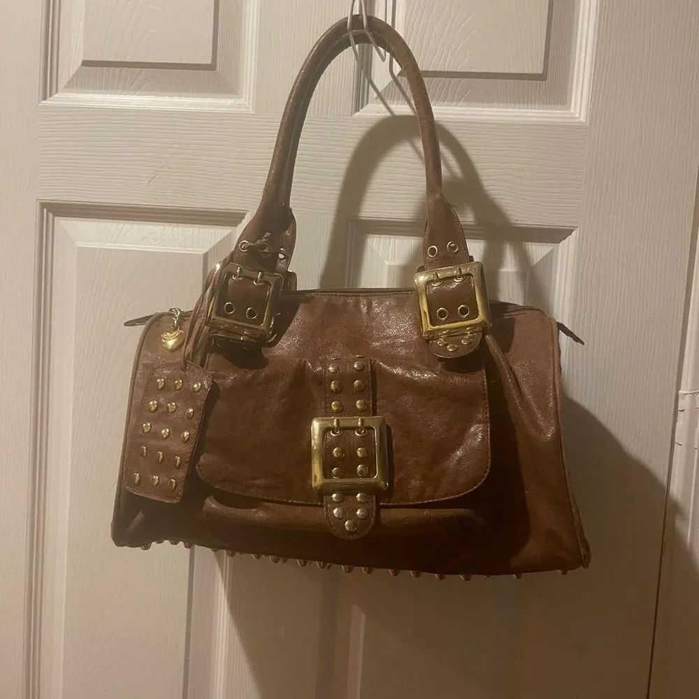 CMZ synthetic Brown gold Studded Satchel Handbag